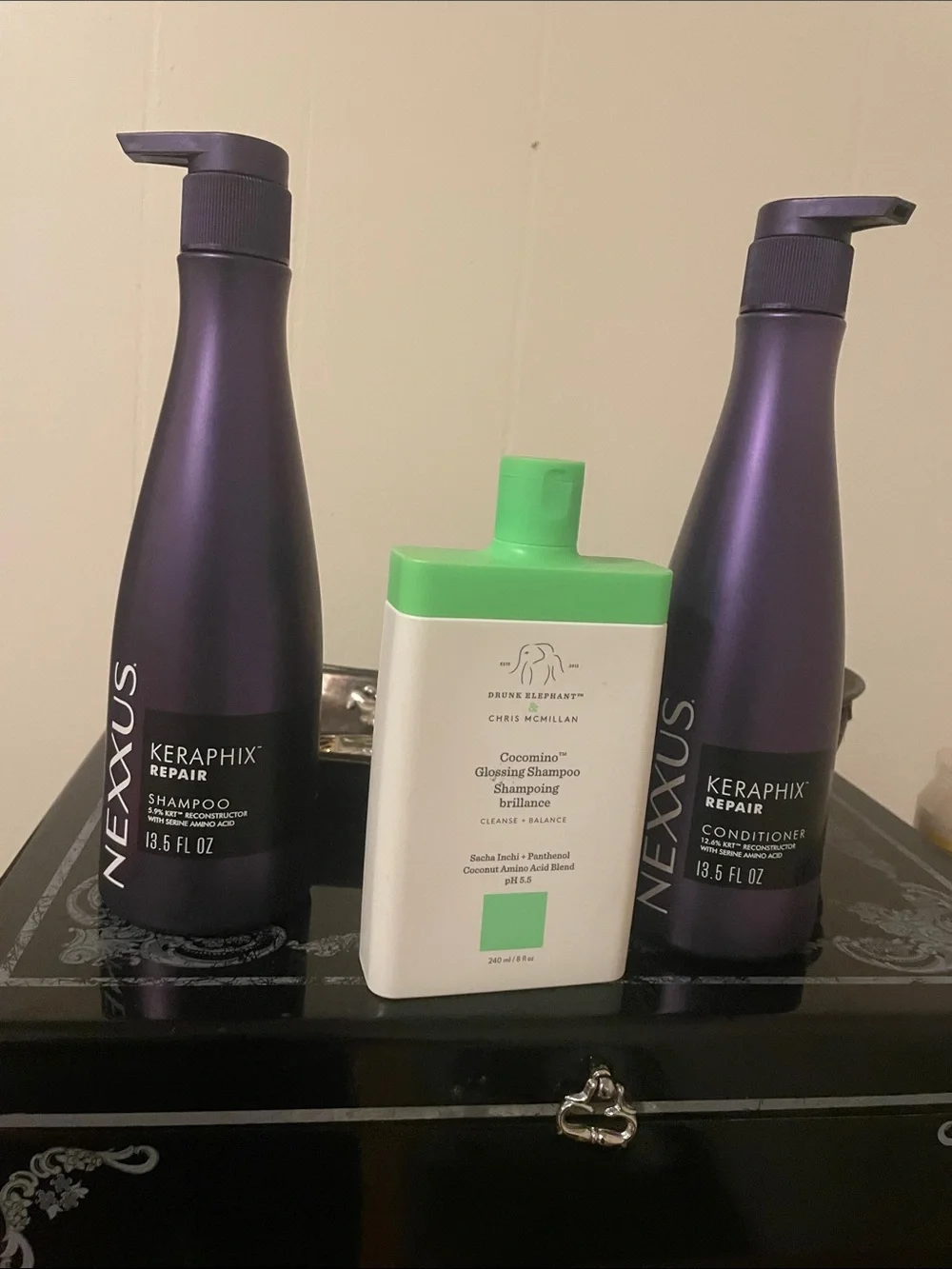 Drunk Elephant Cocomino Glossing Shampoo and Nexxus Keraphix repair